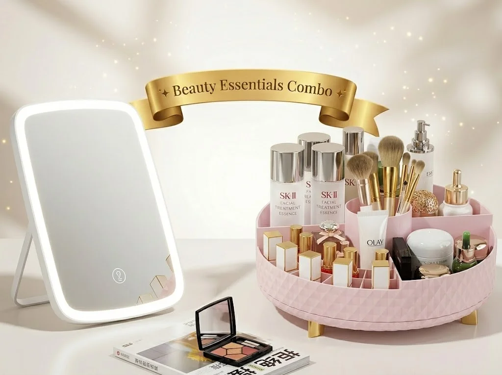 Beauty Essentials Combo – LED Mirror + Rotating Makeup Organizer